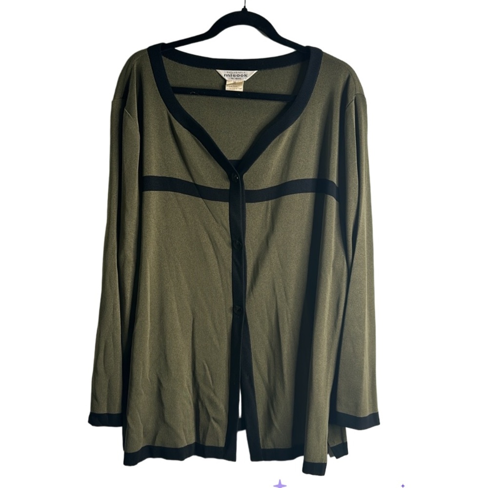 Misook olives green black trim button down sweater cardigan s 3x career mature